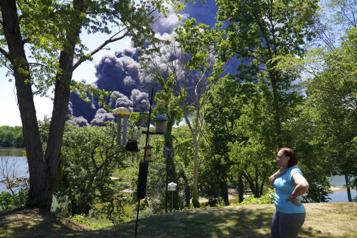 Jessica King looks at the smoke from a chemical plant fire in Rockton, Ill., from her backyard in South Beloit, Ill., Monday, June 14, 2021.