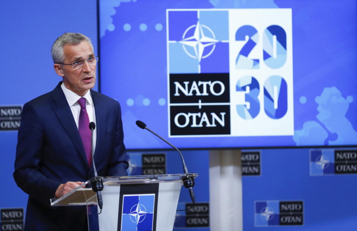 NATO Secretary General Jens Stoltenberg speaks during a media conference after chairing on on-line meeting of NATO Foreign Ministers at NATO headquarters in Brussels, Tuesday, June 1, 2021.