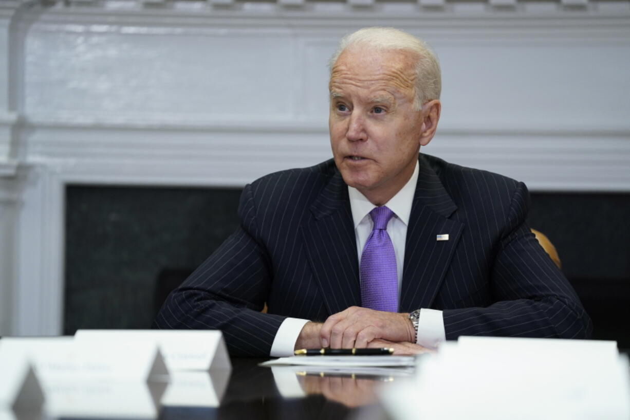 President Joe Biden speaks during a meeting with FEMA Administrator Deanne Criswell and Homeland Security Adviser and Deputy National Security Adviser Elizabeth Sherwood-Randall, in the Roosevelt Room of the White House, Tuesday, June 22, 2021, in Washington.