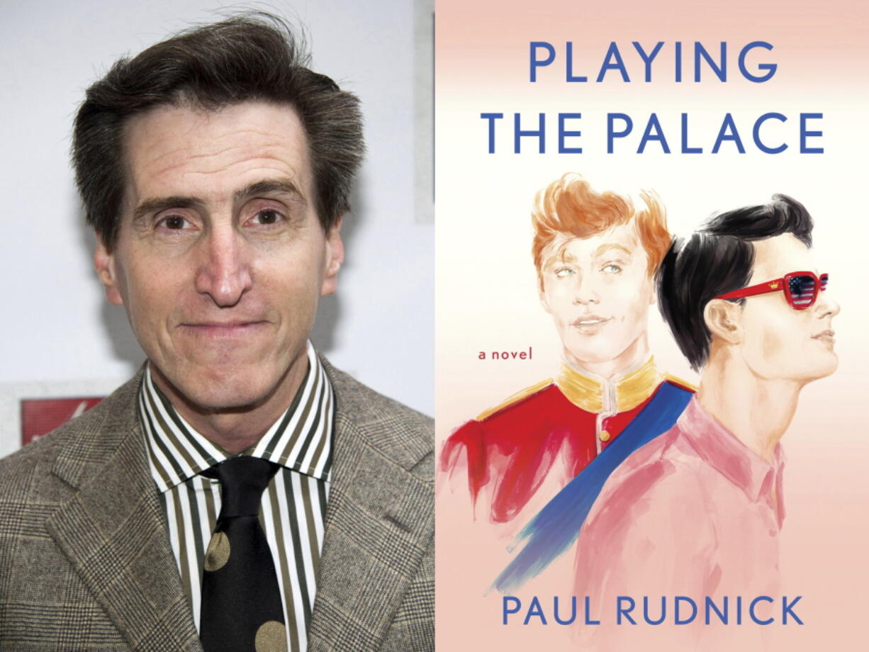 This combination of photos shows writer Paul Rudnick at the opening night performance of the Broadway revival of Arthur Miller's "Death of a Salesman" in New York on March 15, 2012, left, and the cover image for his new book "Playing the Palace." (AP Photo/Charles Sykes, left, and Berkley via AP)