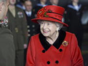 Britain's Queen Elizabeth II visits the HMS Queen Elizabeth at HM Naval Base, ahead of the ship's maiden deployment, in Portsmouth, England, Saturday May 22, 2021. HMS Queen Elizabeth will be leading a 28-week deployment to the Far East that Prime Minister Boris Johnson has insisted is not confrontational towards China.