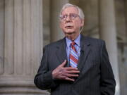 Senate Minority Leader Mitch McConnell, R-Ky., does a cable news interview before the start of a two-week recess, at the Capitol in Washington, Wednesday, June 23, 2021. Earlier, President Joe Biden announced a bipartisan agreement on a pared-down infrastructure plan that would make a start on his top legislative priority and validate his efforts to reach across the political aisle. (AP Photo/J.