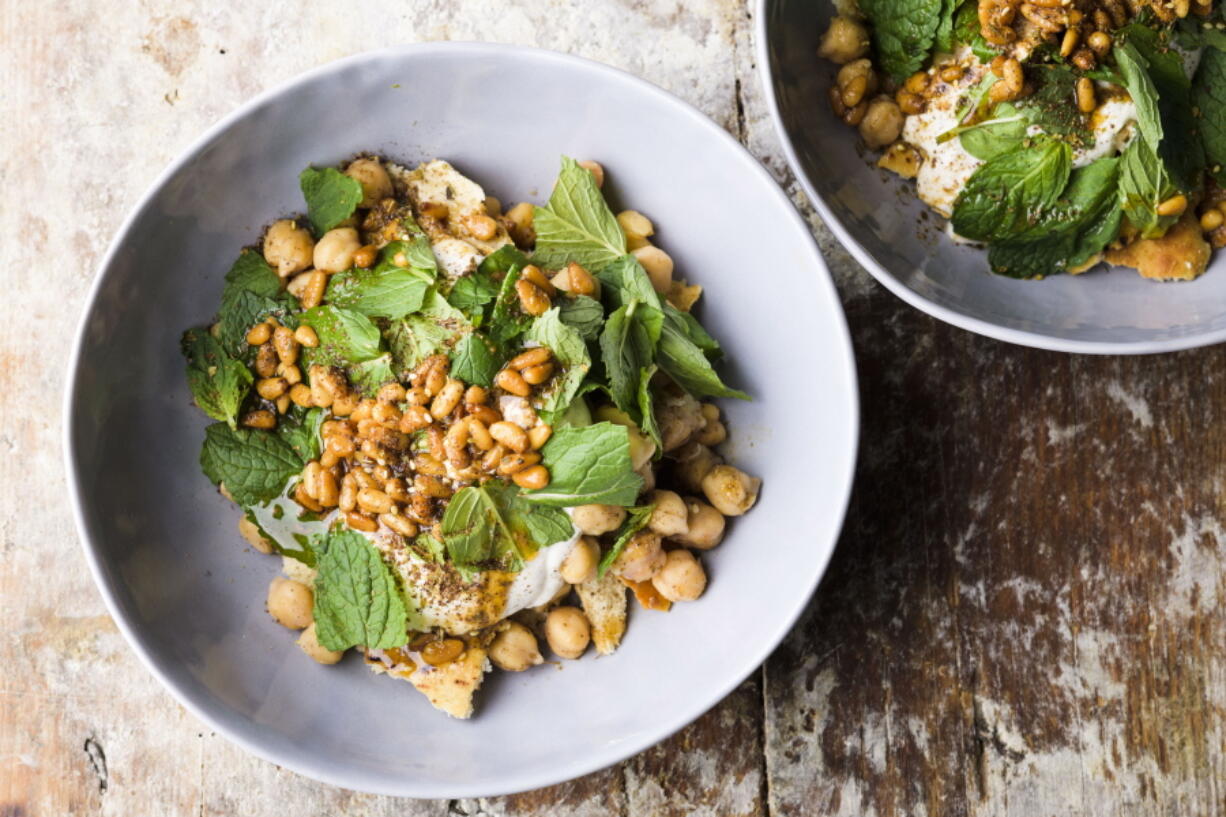 A recipe for chickpea salad with yogurt and mint.