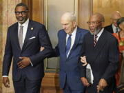 The Rev. Amos C. Brown, right, President Russell M. Nelson of The Church of Jesus Christ of Latter-day Saints, center, and Derrick Johnson, president and CEO of the NAACP, left, attend a news conference June 14 in Salt Lake City. Top leaders from the NAACP and The Church of Jesus Christ of Latter-day Saints announced $9.25 million in new educational and humanitarian projects as they seek to build on an alliance formed in 2018.