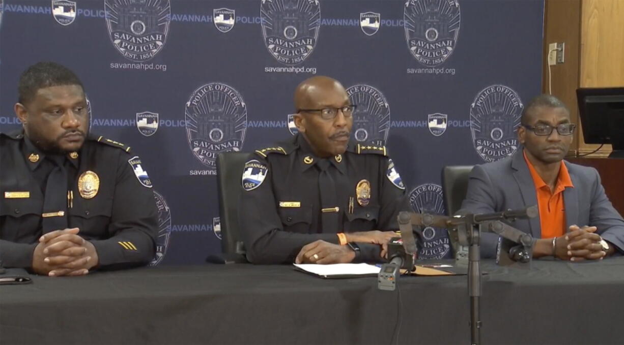 Savannah Police Chief Roy Minter holds a news conference on Saturday, June 12, 2021 in Savannah, Ga.  Officials say a 20-year-old was killed by gunfire in a mass shooting that also injured eight others, including an 18-month-old toddler and a 13-year-old, late Friday at an apartment complex.   No suspects have been arrested.