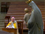 f FILE - In this May 1, 2020, file photo, Archbishop Jose H. Gomez leads a livesteam service at an empty Cathedral of Our Lady of the Angels in Los Angeles. In a May 22, 2021 memo, Gomez confirmed that the issue of whether or not to press ahead with an initiative that could -- at least implicitly - rebuke President Joe Biden for receiving Communion while supporting abortion rights, would be on the national meeting's agenda.