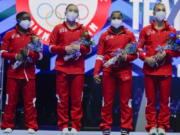 Members of the U.S. Women's Olympic Gymnastic Team, Simone Biles, Suni Lee, Jordan Chiles and Grace McCallum (L-R) are announced after the U.S. Olympic Gymnastics Trials Sunday, June 27, 2021, in St. Louis.