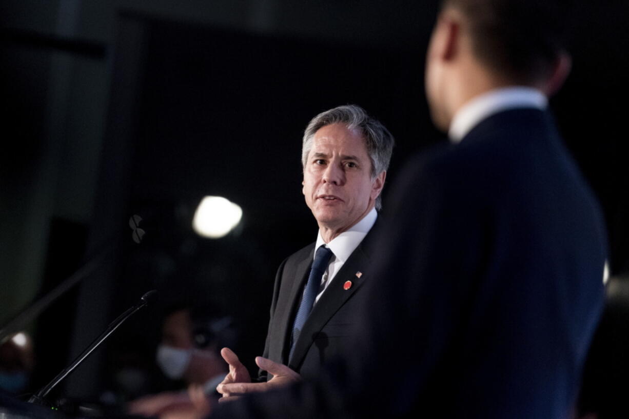 Secretary of State Antony Blinken, accompanied by Italy's Foreign Minister Luigi Di Maio, speaks during a news conference at Fiera Roma in Rome, Monday, June 28, 2021. Blinken is on a week long trip in Europe traveling to Germany, France and Italy.