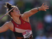 Kara Winger competes during the finals of the women's javelin throw at the U.S. Olympic Track and Field Trials Saturday, June 26, 2021, in Eugene, Ore.