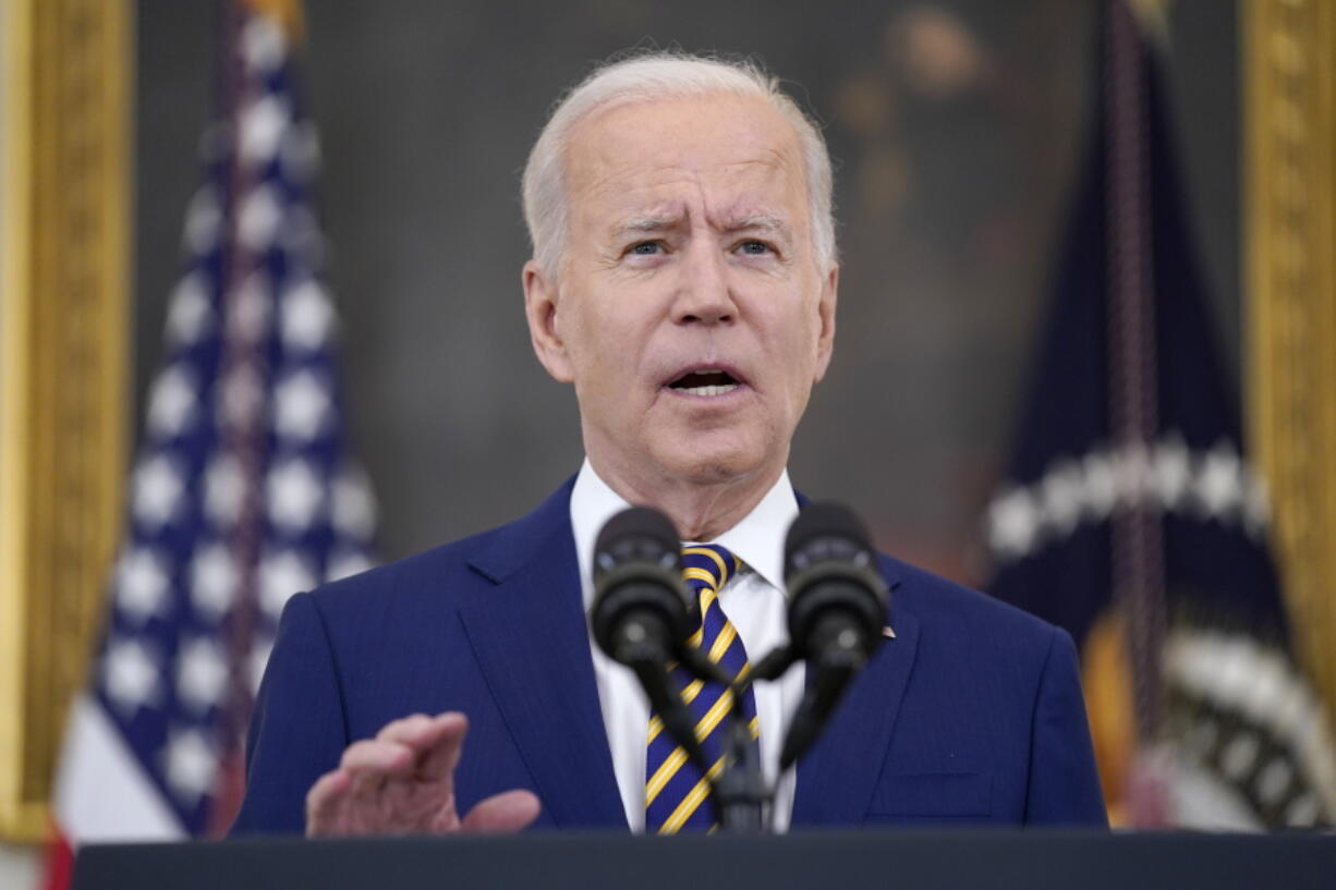 FILE - In this June 18, 2021 file photo, President Joe Biden speaks about COVID-19 vaccination shots, in the State Dining Room of the White House in Washington. The administration is releasing new data Tuesday showing it expects to reach 70% of Americans aged 27 and older with at least one shot by the July 4 holiday.