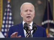 FILE - In this June 18, 2021 file photo, President Joe Biden speaks about COVID-19 vaccination shots, in the State Dining Room of the White House in Washington. The administration is releasing new data Tuesday showing it expects to reach 70% of Americans aged 27 and older with at least one shot by the July 4 holiday.