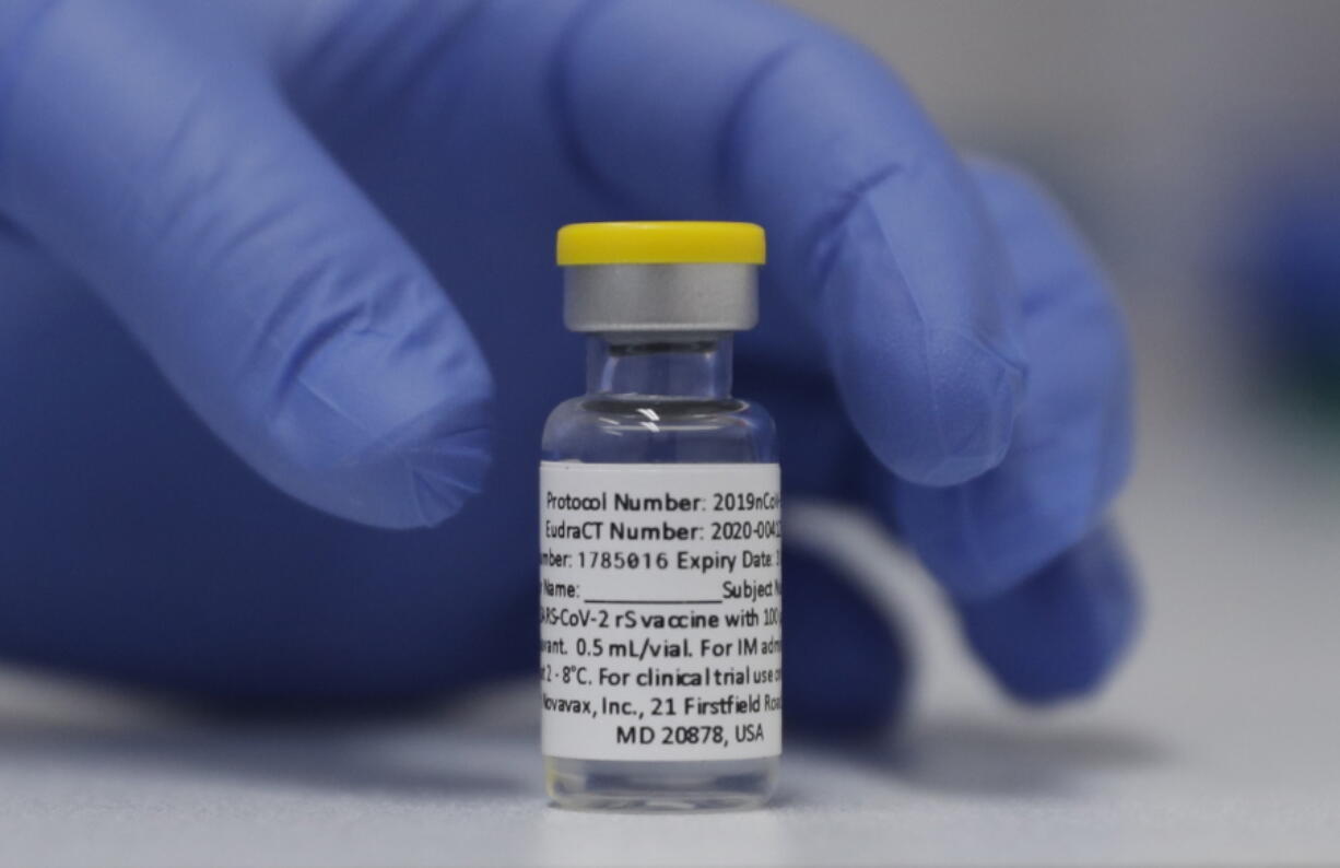 FILE - In this Wednesday, Oct. 7, 2020, file photo, a vial of the Phase 3 Novavax coronavirus vaccine is seen ready for use in the trial at St. George's University hospital in London. Novavax says its vaccine appears effective against COVID-19 in a large study, including against variants. Results from the study in the U.S. and Mexico were released on Monday, June 14, 2021.