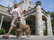 A Belgian laekenois is presented for journalists during a news conference, Tuesday, June 8, 2021, in Tarrytown, N.Y., at the Lyndhurst Estate where the 145th Annual Westminster Kennel Club Dog Show will be held outdoors, (AP Photo/John Minchillo)