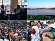 Top left: Rob Henning and Dana Hunter, Ellensburg locals and long-time Red Pickle regulars on Sept. 9, 2020. (Emily McCarty/Crosscut) Top right: People gather at Gas Works Park on Thursday, April 9, 2020 in Seattle. (Sarah Hoffman/Crosscut) Bottom left: Reign FC plays the Portland Thorns FC at Cheney Stadium in Tacoma on Sunday, Sept. 29, 2019. (Jovelle Tamayo for Crosscut) Bottom right: Iman Hassan of Seattle receives her first dose of the COVID-19 vaccine at Lumen Field Event Center's COVID-19 vaccination site on March 13, 2021. (Matt M.