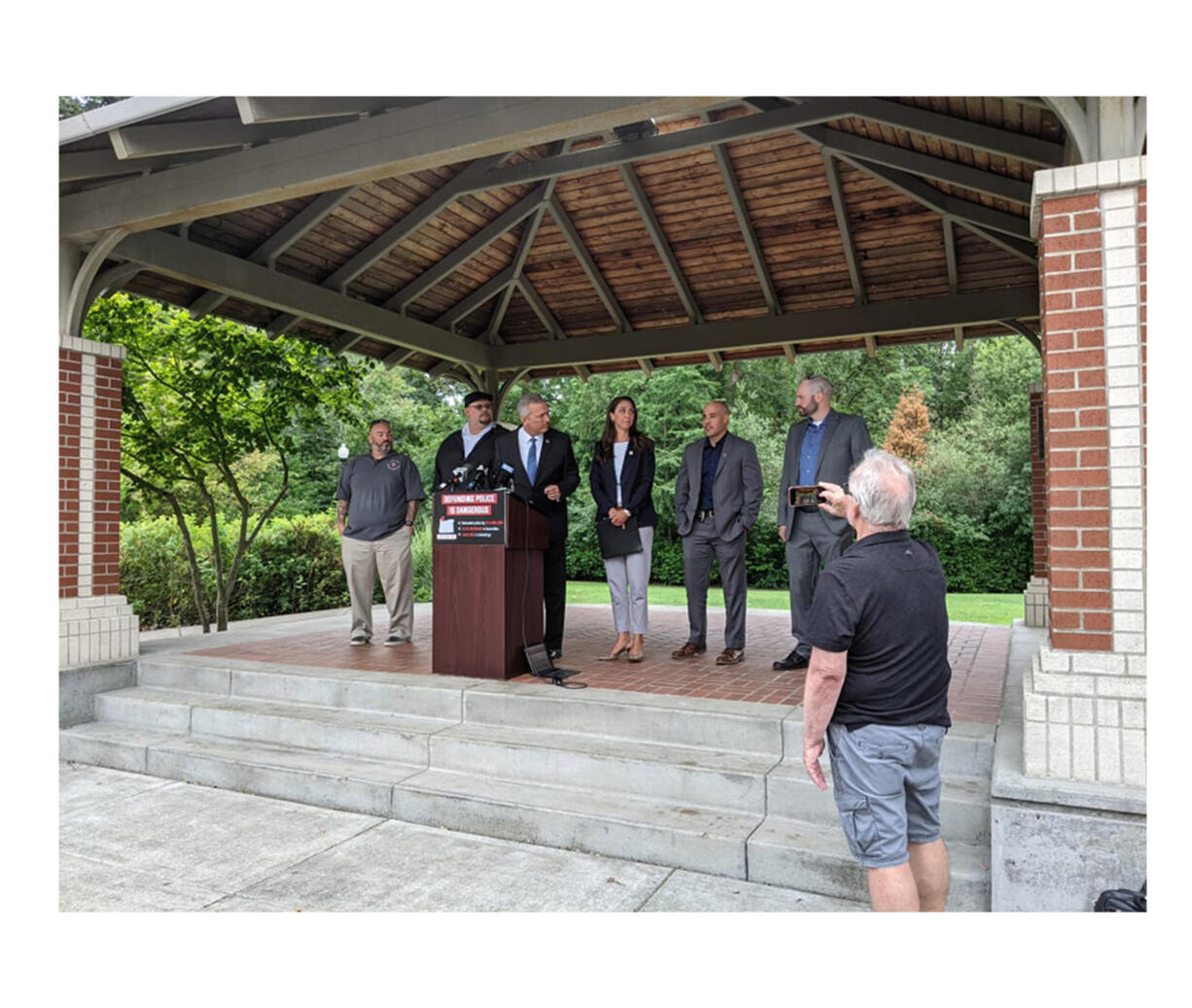 3rd District Rep. Jaime Herrera Beutler, R-Battle Ground, center, participates in a press conference regarding law enforcement issues Thursday in Fairview, Ore.