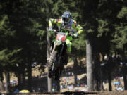 Eli Tomac leads the pack before winning the 450 Class Moto #1 at the Washougal National Lucas Oil Pro Motocross at the Washougal MX Park on Saturday afternoon, July 28, 2018.