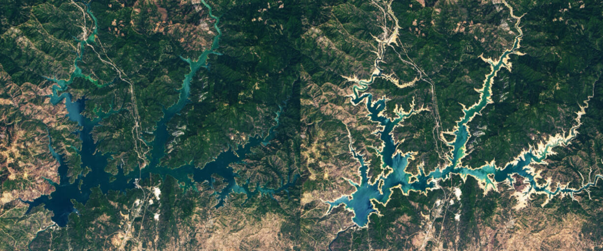 Satellite imagery shows Shasta Lake in July 2019, left, and June 2021. The state???s largest reservoir is at about 35% of its capacity, officials said.