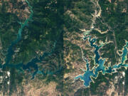 Satellite imagery shows Shasta Lake in July 2019, left, and June 2021. The state???s largest reservoir is at about 35% of its capacity, officials said.