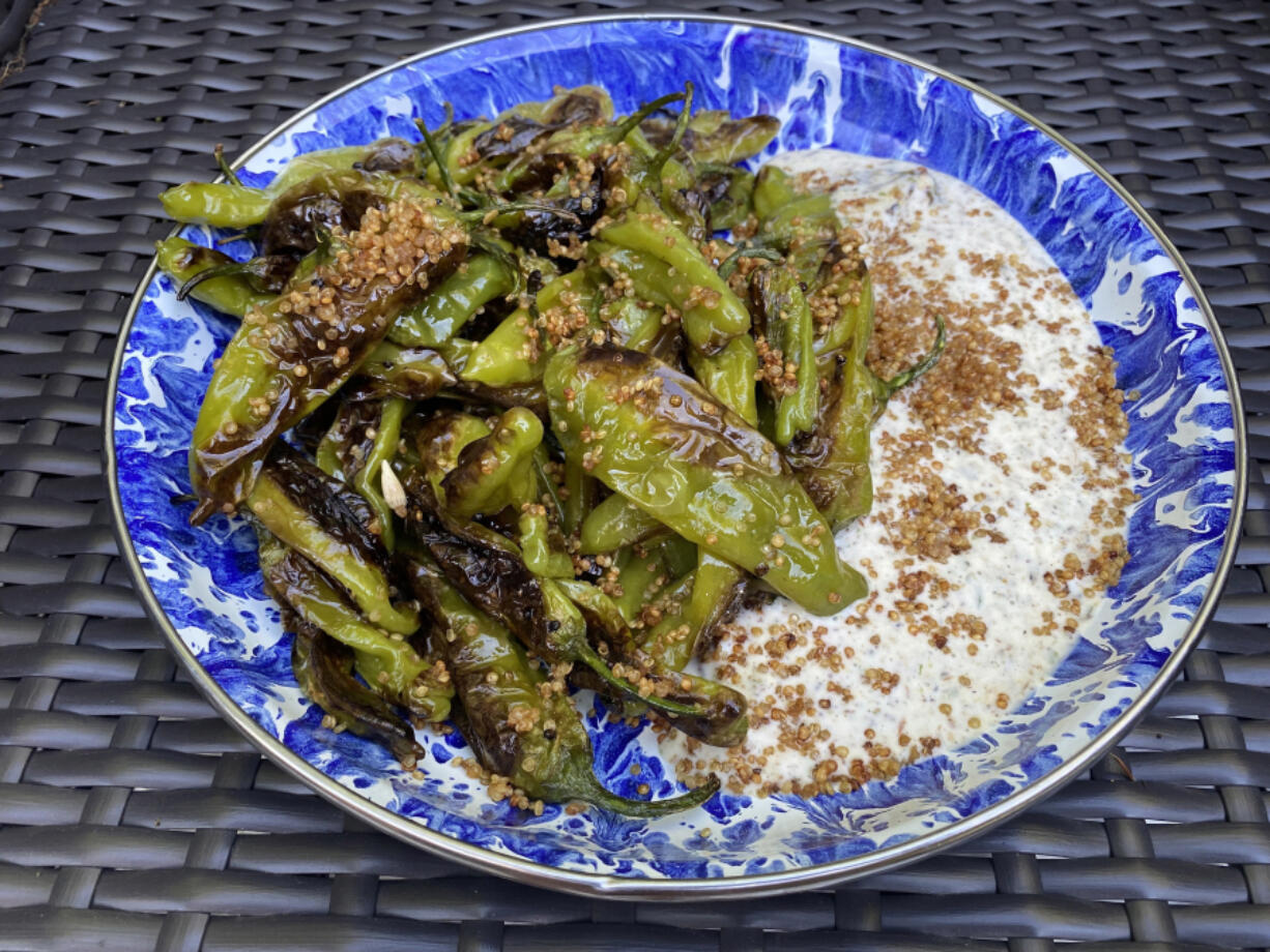 Blistered Shishitos With Furikake Ranch and Crispy Quinoa.