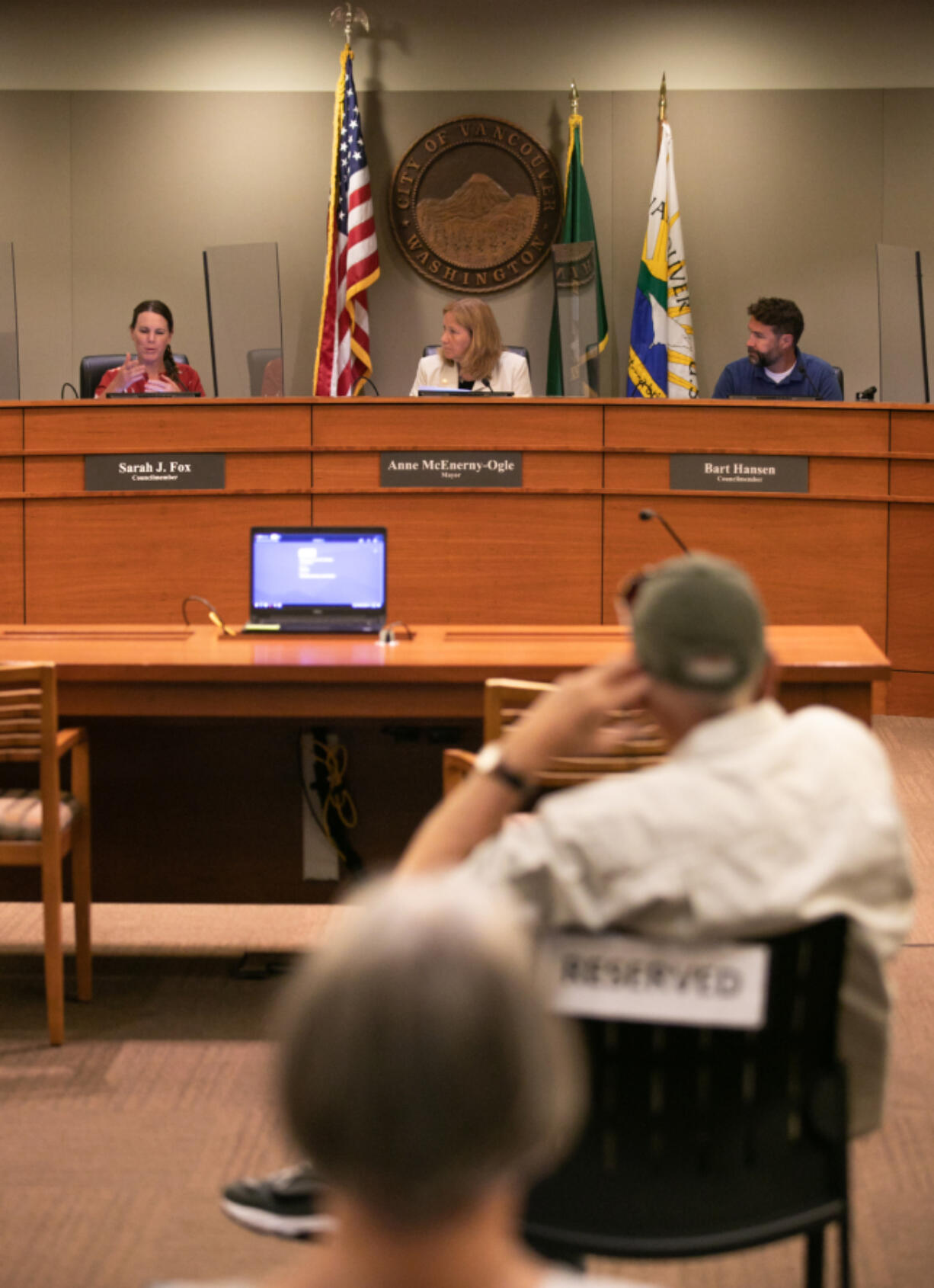 Vancouver City Councilor Sarah Fox speaks about the proposed Interstate 5 Bridge expansion as Mayor Anne Mc-Enerny-Ogle and Councilmember Bart Hansen listen on Monday night during the first city council meeting to be had in person since the pandemic shutdowns began at Vancouver City Hall.