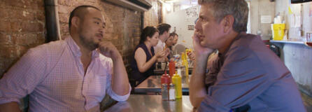 David Chang, left, and Anthony Bourdain in Morgan Neville's new documentary, "Roadrunner." (Contributed by Focus Features, in association with Zero Point Zero)