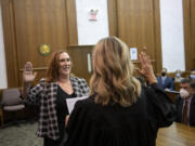 Nancy Retsinas takes the oath as Clark County Superior Court's newest judge, which was administered by Judge Jennifer Snider at the Clark County Courthouse on Thursday afternoon.