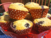 These blueberry muffins bake up nice and moist, bursting with blueberries.