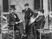 President Ulysses S. Grant on vacation in Long Branch, N.J., about 1873 with his family. He's seated on a porch with his wife, Julia, and son, Jesse. When he arrived in Vancouver six years later, he appeared paunchier, but he and his wife would likely have been dressed the same.