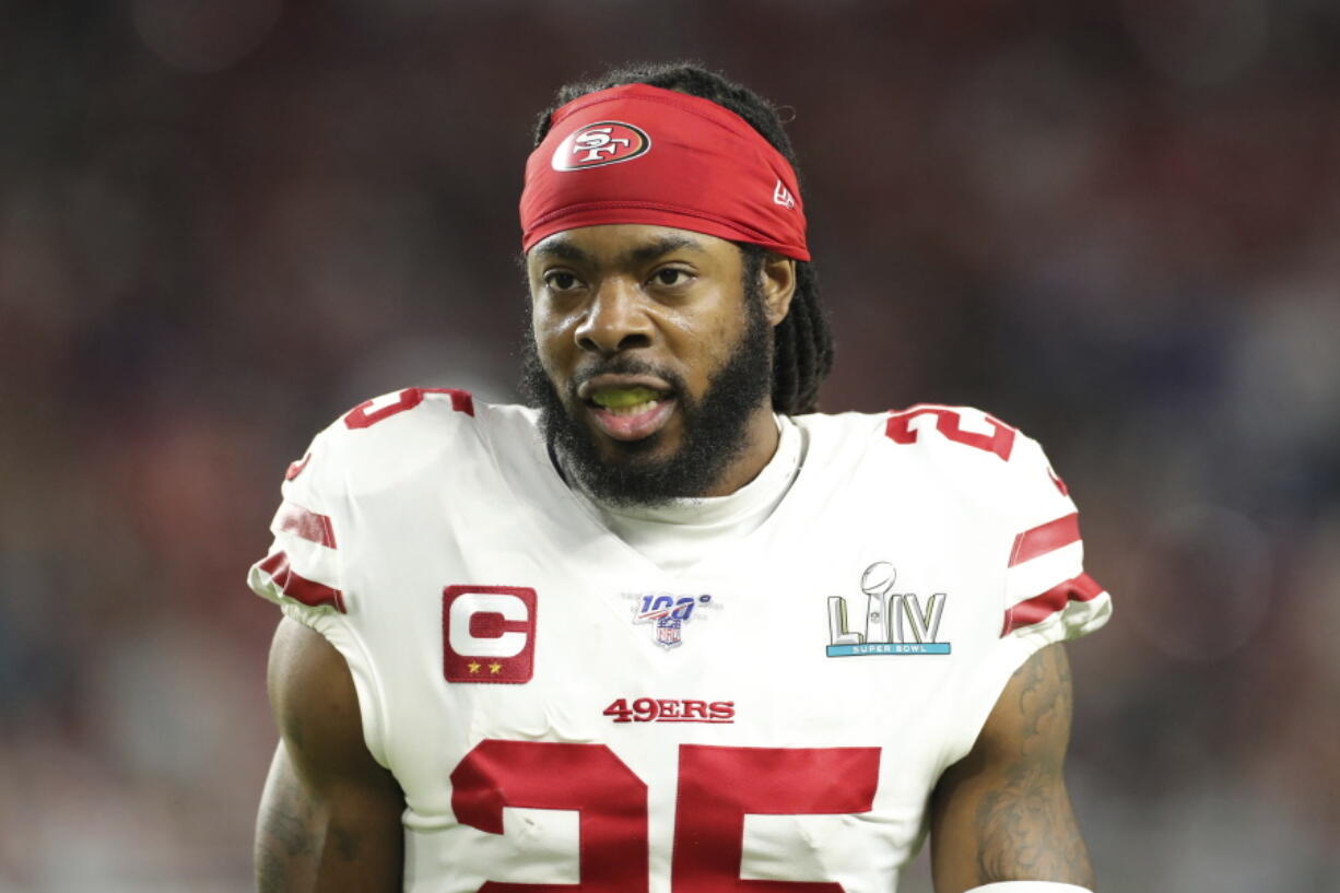 FILE - San Francisco 49ers cornerback Richard Sherman (25) is seen during the NFL football Super Bowl 54 game against the Kansas City Chiefs in Miami Gardens, Fla., in this Feb. 2, 2020, file photo.