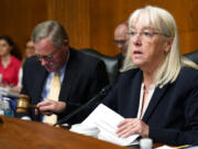 Senate Health Education, Labor, and Pensions Committee Chair Sen. Patty Murray, D-Wash., right, uses her gavel to begin a hearing on Capitol Hill in Washington, Thursday, June 17, 2021, to examine the COVID-19 response and recovery and how to support students in higher education and safely return to campus. Ranking member Sen. Richard Burr, R-N.C., is at left.