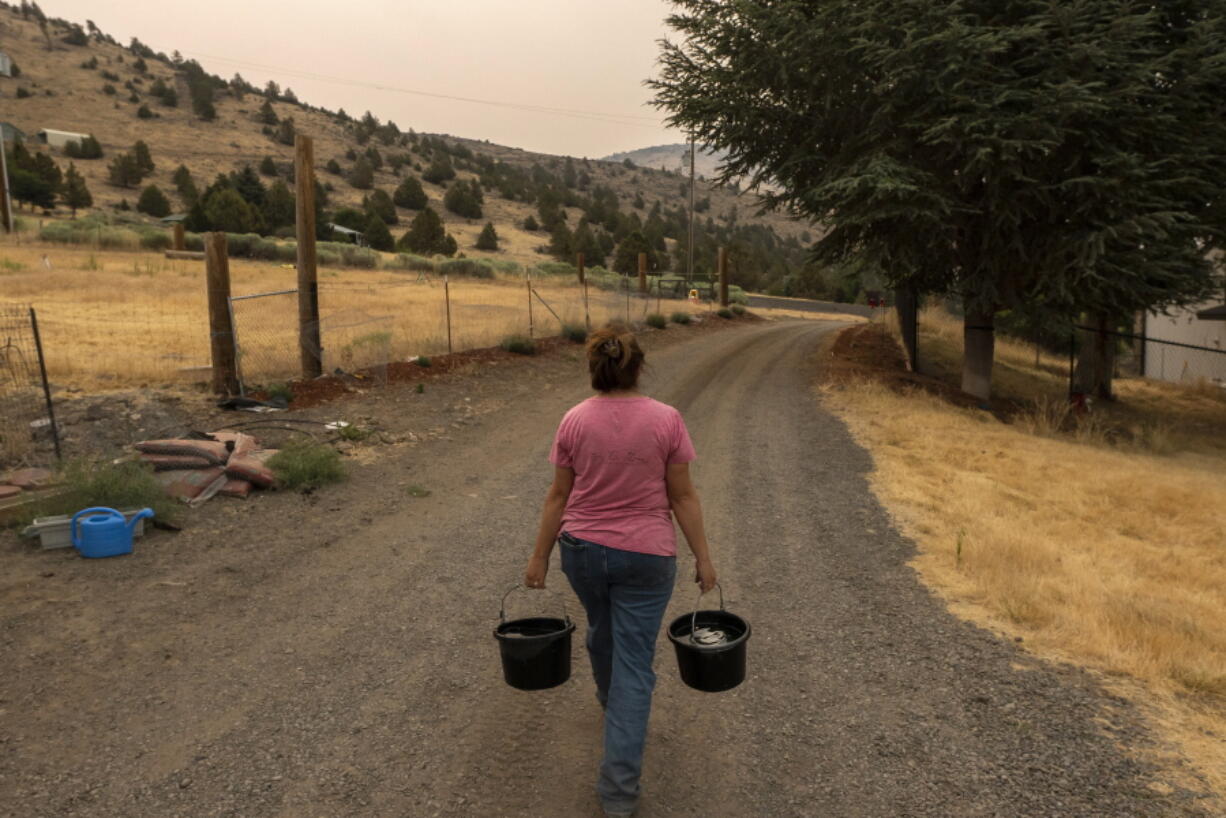 Misty Buckley carries dirty water from her animals' pens to water plants in her front yard, Saturday, July 24, 2021, in Klamath Falls, Ore. The Buckley's house well ran dry in May following an historic drought in southern Oregon. Dozens of domestic wells have gone dry in an area near the Oregon-California border where the American West's worsening drought has taken a particularly dramatic toll.