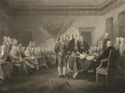 This image shows an 1876 engraving titled "Declaration of Independence, July 4th, 1776" made available by the Library of Congress. On that day, the Continental Congress formally endorsed the Declaration of Independence. Celebrations began within days: parades and public readings, bonfires and candles and the firing of 13 musket rounds, one for each of the original states. Nearly a century passed before the country officially named its founding a holiday. (J. Trumbull, W.L.