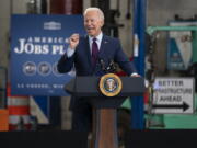 President Joe Biden speaks about infrastructure spending at the La Crosse Municipal Transit Authority, Tuesday, June 29, 2021, in La Crosse, Wis.