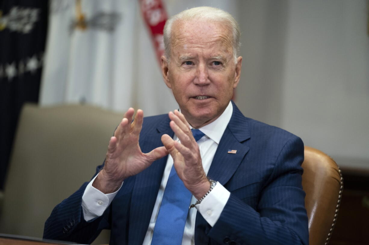 President Joe Biden speaks during a meeting on reducing gun violence, in the Roosevelt Room of the White House, Monday, July 12, 2021, in Washington.