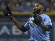 Tampa Bay Rays closer Diego Castillo reacts after the final out of a win over the Toronto Blue Jays during a baseball game Saturday, July 10, 2021, in St.