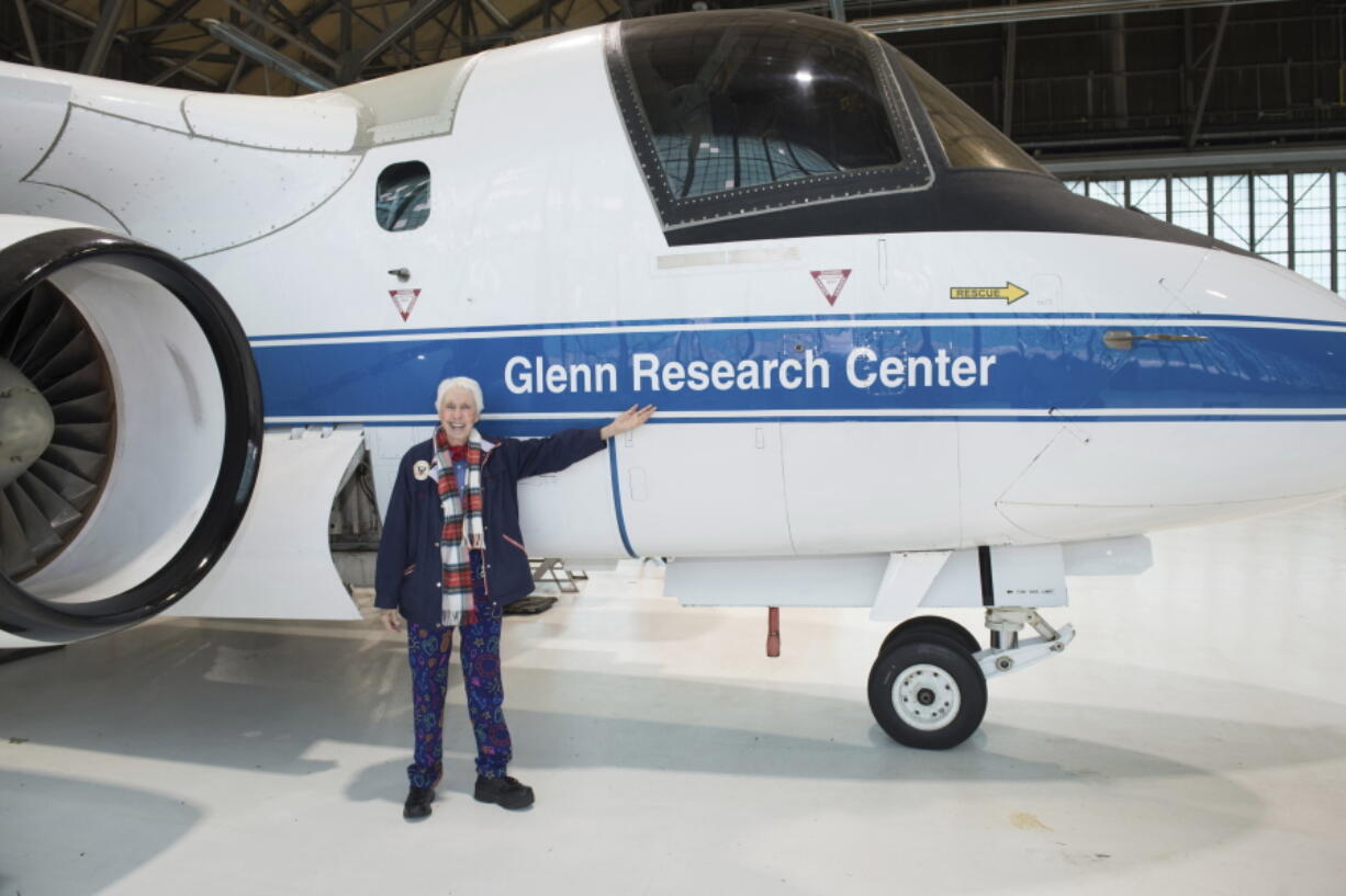 In this 2019 photo made available by NASA, Mercury 13 astronaut trainee Wally Funk visits the Glenn Research Center at Lewis Field in Cleveland, Ohio.