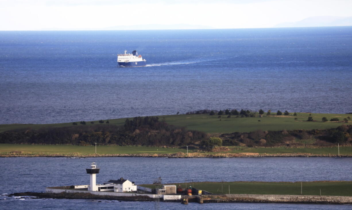 FILE - In this Jan. 1, 2021 file photo, a P&O ferry from Scotland crosses the Irish Sea making way towards the port at Larne on the north coast of Northern Ireland. Tense post-Brexit relations between Britain and the European Union face further strain on Wednesday, July 21, 2021, when the U.K. calls for major changes to trade rules agreed on by both sides, Brexit minister David Frost will set out proposals for smoothing trade arrangements for Northern Ireland, the only part of the U.K. that has a land border with the 27-nation bloc.