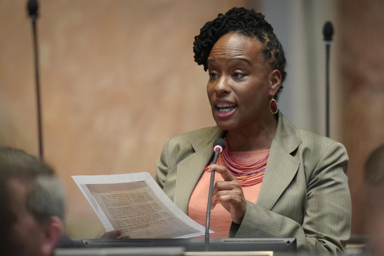 FILE - In this March 2, 2020, file photo, state Rep. Attica Scott, D-Louisville, speaks on the floor of the House of Representatives at the Capitol in Frankfort, Ky. Kentucky State Rep. Attica Scott, one of two Black women in the state legislature, has announced plans to try to unseat longtime Democratic Congressman John Yarmuth in the state's only congressional seat controlled by Democrats.