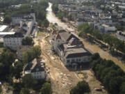 Damage and debris from flooding is near the Ahr River, including in the spa complex, Sunday, July 18, 2021, in Bad Neuenahr, Germany.