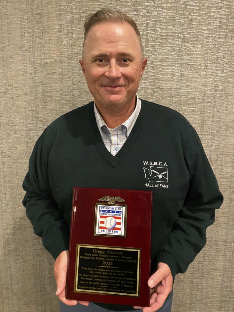 Former King's Way Christian coach Gregg Swenson poses with his hall-of-fame plaque after being inducted into the Washington State Baseball Coaches Association Hall of Fame (Photo courtesy of Gregg Swenson)