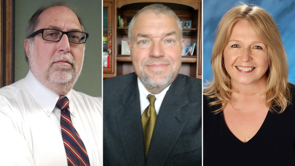 Bill Eling, from left, Tim Hawkins and Teresa VanNatta are candidates for the Hockinson School District board.