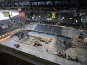 The ice and seating areas of Climate Pledge Arena are viewed during a media tour of the facility, Monday, July 12, 2021, in Seattle. The arena will be the home of the NHL hockey team Seattle Kraken and the WNBA Seattle Storm basketball team as well as hosting concerts and other performing arts events. (AP Photo/Ted S.