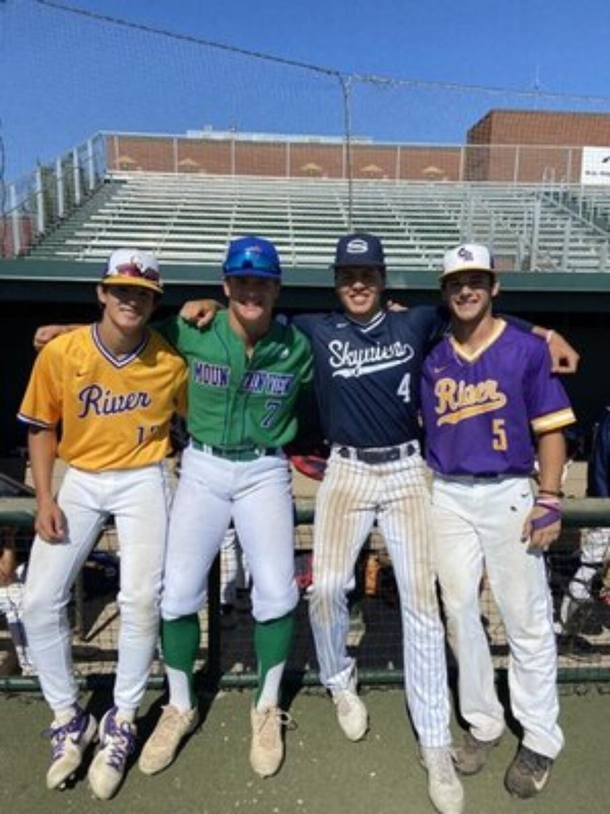 From left, Columbia River's Sawyer Parkin, Mountain View's Riley McCarthy, Skyview's Kyle Olson and Columbia River's Nick Alder played for Team Adams at the Washington Senior All-State series in Yakima on July 10-11.