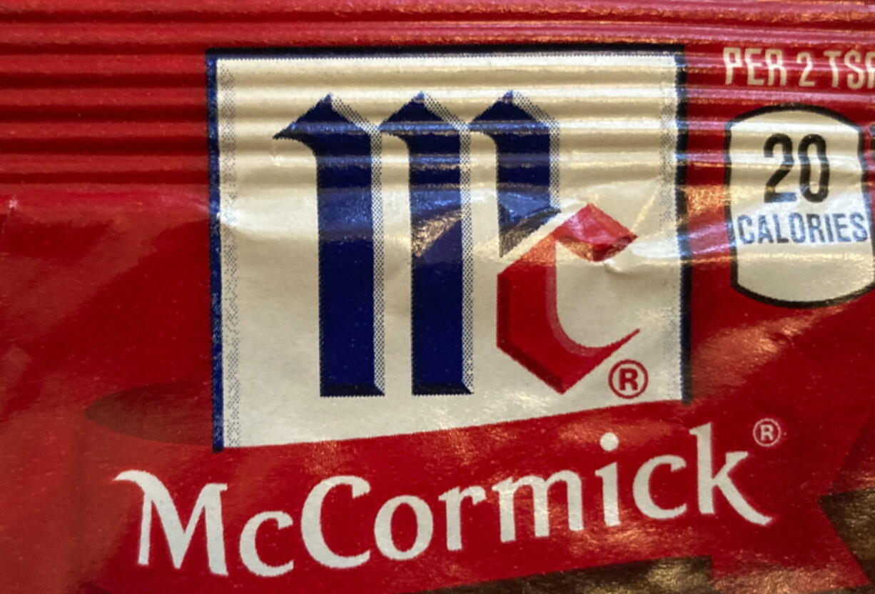 FILE - This Tuesday Nov. 24, 2020, file photo shows the logo for McCormick & Co. McCormick is voluntarily recalling some seasonings due to possible salmonella contamination. The company said this week that it's recalling McCormick Perfect Pinch Italian Seasoning, McCormick Culinary Italian Seasoning and Frank's RedHot Buffalo Ranch Seasoning.