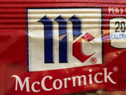 FILE - This Tuesday Nov. 24, 2020, file photo shows the logo for McCormick & Co. McCormick is voluntarily recalling some seasonings due to possible salmonella contamination. The company said this week that it's recalling McCormick Perfect Pinch Italian Seasoning, McCormick Culinary Italian Seasoning and Frank's RedHot Buffalo Ranch Seasoning.