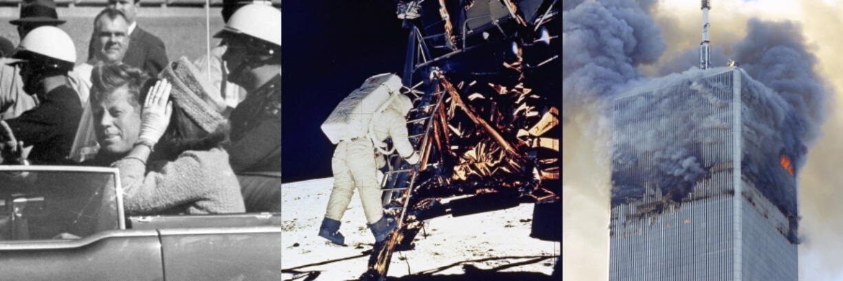 President John F. Kennedy appears in a motorcade with his wife Jacqueline Kennedy in Dallas on Nov. 22, 1963, left, astronaut Edwin E. Aldrin, Jr., descends steps of Lunar Module ladder as he prepares to walk on the moon on July 20, 1969, center, and smoke billows from the north tower of New York's World Trade Center on Sept. 11, 2001 after terrorists crashed two hijacked airliners into the World Trade Center.  A new podcast based on Joe Garner's 1998 book, "We Interrupt This Broadcast," narrated by Brian Williams, will be available on July 20. Episodes in the first season explore the Sept. 11, 2001 attacks, John F. Kennedy's assassination and the moon landing.