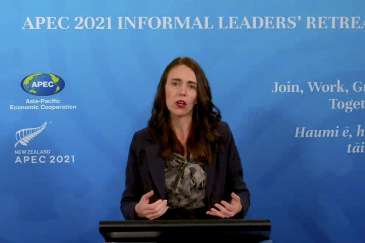 In this image from video, New Zealand Prime Minister Jacinda Ardern, APEC 2021 chair, speaks during a news conference in Wellington, New Zealand, on Saturday, July 17, 2021, about the Informal Leaders' Retreat virtual conference.