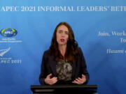 In this image from video, New Zealand Prime Minister Jacinda Ardern, APEC 2021 chair, speaks during a news conference in Wellington, New Zealand, on Saturday, July 17, 2021, about the Informal Leaders' Retreat virtual conference.