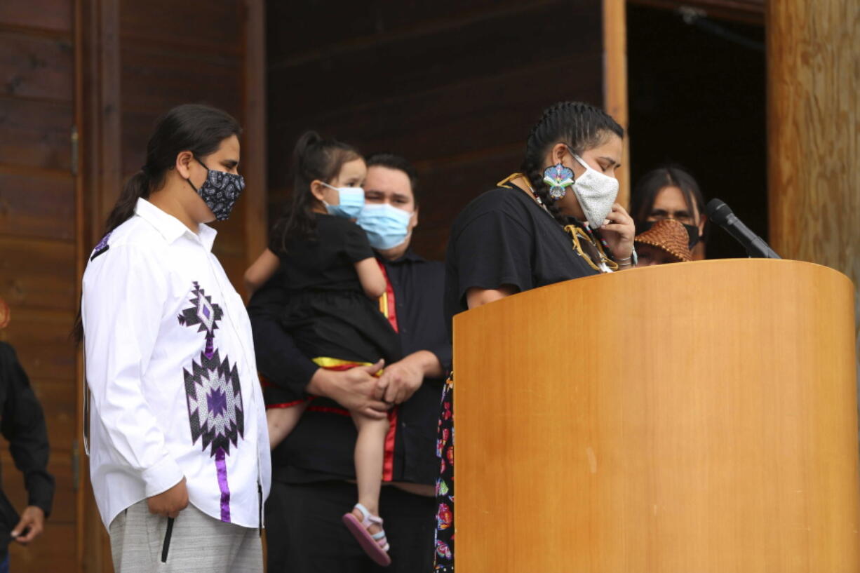 Children of Stonechild Chiefstick speak at a press conference in Suquamish, Wash. on Thursday, July 1, 2021. The children of a Native American man killed by police in Washington state two years ago are suing, saying his death was unnecessary.