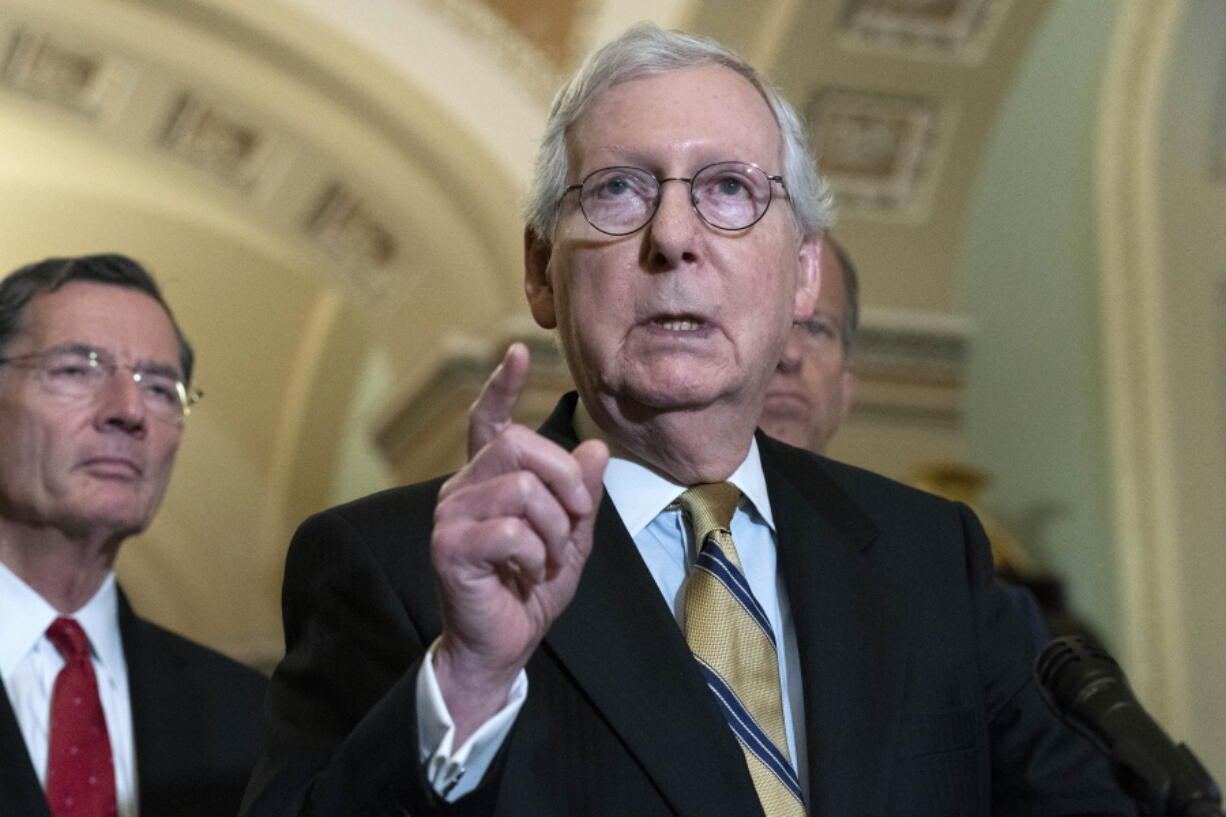 Senate Minority Leader Mitch McConnell, R-Ky., speaks to the media after a GOP policy luncheon, on Capitol Hill i on Capitol Hill in Washington, Tuesday, July 20, 2021.